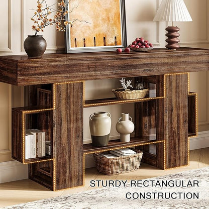 63 Inch Long Console Table for Entryway, Farmhouse Wooden Sofa Table Behind Couch with 3-Tier Storage Shelf, Narrow Entry Accent Table for Living Room, Hallway, Foyer, Vintage Brown