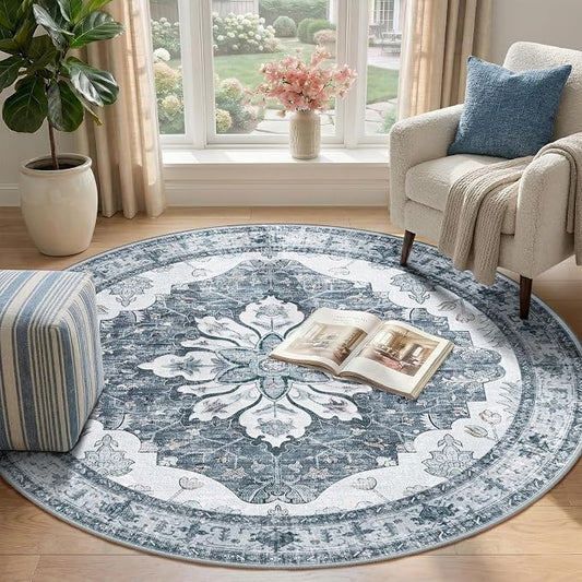 RELEANY Area Rugs Round 4ft Washable Non-Slip, Floral Vintage Distress Medallion Carpet for Living Room Bedroom Dining Room, Light Gray Grey White