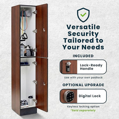 Alpine 2 Door Wooden Locker Cabinet - 72" Expandable Commercial Storage Lockers for Gym, Spa, Office & Golf Club - Includes Metal Base & Lock-Ready Handle, Single Column 2 Tier - Walnut