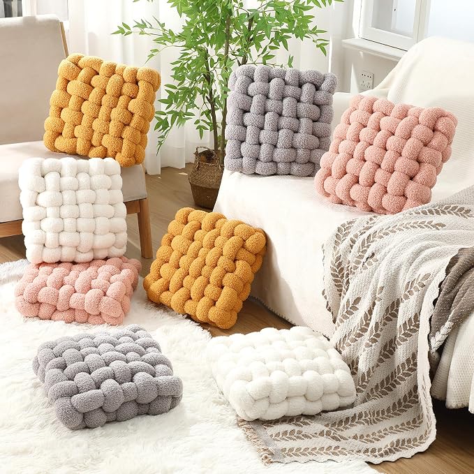Wenqik 2 Pcs Knot Pillows Square Knotted Plush Throws Soft Accent Pillows Decoration Cushion for Couch Home Office Living Room Bedroom Bed Sofa Decor, 12'' x 13''(Pink,Lambswool)