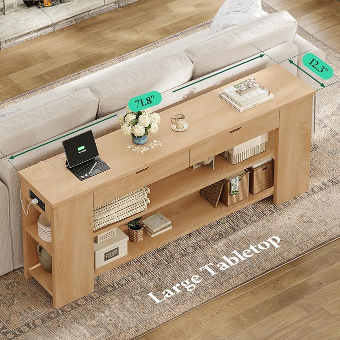 71.8" Extra Long Console Table, Farmhouse Sofa Table with Generous Storage and Built-in Outlet, Sturdy Entryway Table for Living Room, Entrance, Hallway, Foyer, Natural Wood