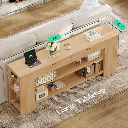 71.8" Extra Long Console Table, Farmhouse Sofa Table with Generous Storage and Built-in Outlet, Sturdy Entryway Table for Living Room, Entrance, Hallway, Foyer, Natural Wood