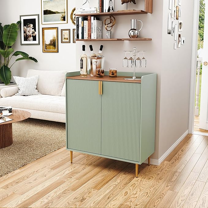ARTPOWER Coffee Bar Cabinet with Wine Racks, Liquor Cabinet with Fluted Texture, Modern Sideboard Buffet Cabinet for Kitchen Dining Room, Living Room, Sage Green