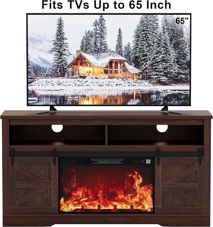 JUMMICO Fireplace TV Stand for 65+ Inch TV with 26'' Fireplace Entertainment Center with Storage Cabinet and Adjustable Shelves, Media Console with Sliding Barn Door for Living Room (Brown)