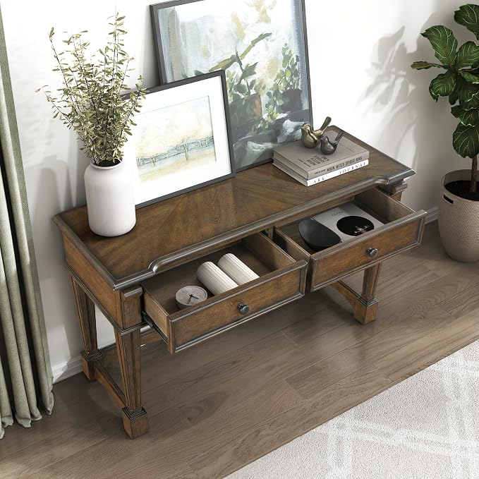 Lexicon Rectangle Wood Sofa Table with 2 Dovetail Drawers, Cherry Veneer Console Table with Antique Bronze Knobs & Sturdy Wood Construction for Elegant Living Room, Entryway, Easy Assembly, Brown