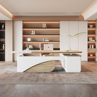 86" L Shaped Adjustable Height Executive Desk with Drawers and Cabinet, White Electric Stand Up Desk with LED, Functions 4-Preset Memory, Power Outlets, 2.36" Thickened Desktop for Office
