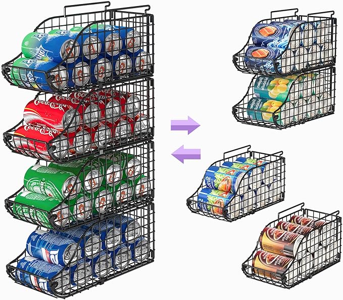 Sonyabecca 4-Pack Stackable Canned Food Organizer with Handles, Soda Can Organizer for Kitchen Pantry Shelves, Foldable Wire Cabinet Shelf for Can Storage, Patent Pending, Black