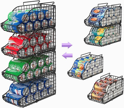 Sonyabecca 4-Pack Stackable Canned Food Organizer with Handles, Soda Can Organizer for Kitchen Pantry Shelves, Foldable Wire Cabinet Shelf for Can Storage, Patent Pending, Black