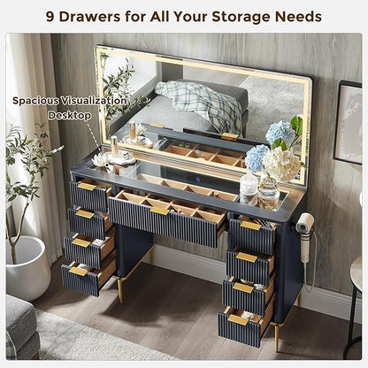 T4TREAM 48" Fluted Makeup Vanity Desk with 48" Large Mirror and HD LED Lights, Modern Vanity Table with 9 Drawers & Charging Station, Glass Top and Golden Handles Dressing Table for Bedroom,Dark Grey