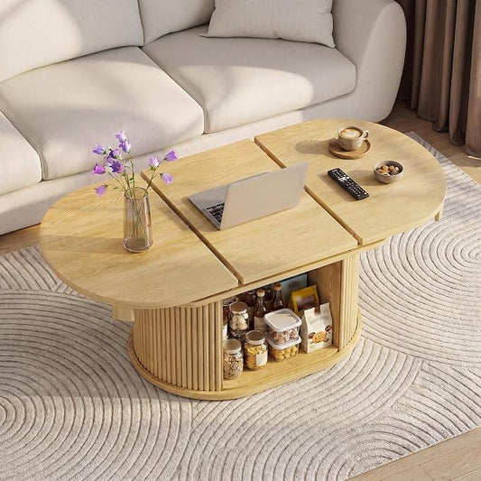 YESHOMY 45.2" Extendable Coffee Table with Storage, Fluted Oval Coffee Table with Sliding Door, Mid Century Modern Center Table for Living Room, Oak