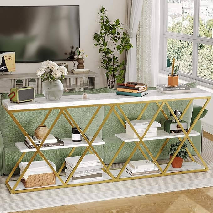 Garvee 3-Tier Entryway Table, Industrial Console Sofa Table with Storage, Accent Table with Open Shelves, X-Shaped Gold Metal Frame, Foyer Table for Entryway, Hallway, Foyer, Living Room, White