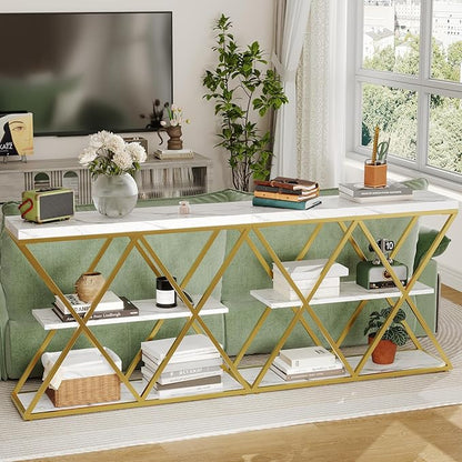 Garvee 3-Tier Entryway Table, Industrial Console Sofa Table with Storage, Accent Table with Open Shelves, X-Shaped Gold Metal Frame, Foyer Table for Entryway, Hallway, Foyer, Living Room, White