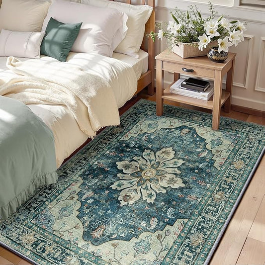 RELEANY Area Rugs 3'x5' Washable Non-Slip, Floral Vintage Distress Medallion Carpet for Living Room Bedroom Dining Room, Dark Blue Vintage