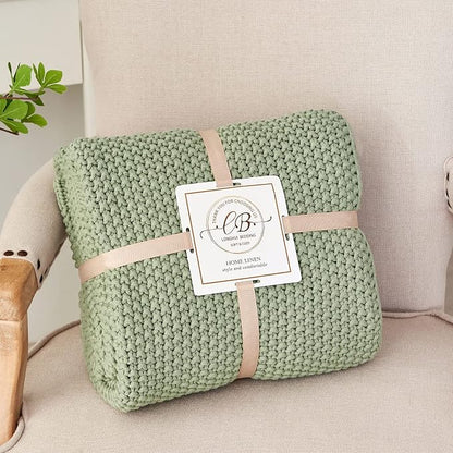 Chunky Cable Knit Throw Blanket Lightweight Light Green 100% Organic Cotton Blanket for Sofa Couch Bed Baby Nursery, Rustic Shabby Chic Modern Farmhouse, 51” x 63” Bonus Laundering Bag