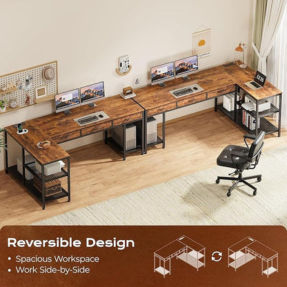 PRAISUN 63 Inch L Shaped Office Desk with Power Outlets and Type-C Port, Large Computer Gaming Desk with 3 Fabric Drawers, Mesh Shelves, Corner Study Work Writing Desk, Rustic Brown