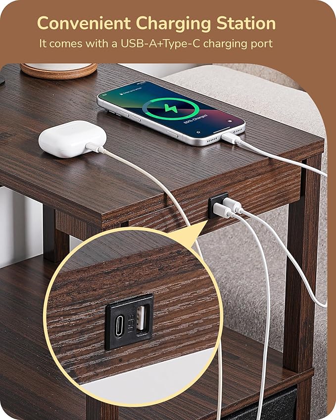EDISHINE Floor Lamps for Living Room, 3000K-6500K Dimmable Floor Lamp with Table, USB-A+Type-C Charging Port, Table with Lamp Attached for Bedroom, Den, Office, Kids Room, Fire-Burned Wood Color