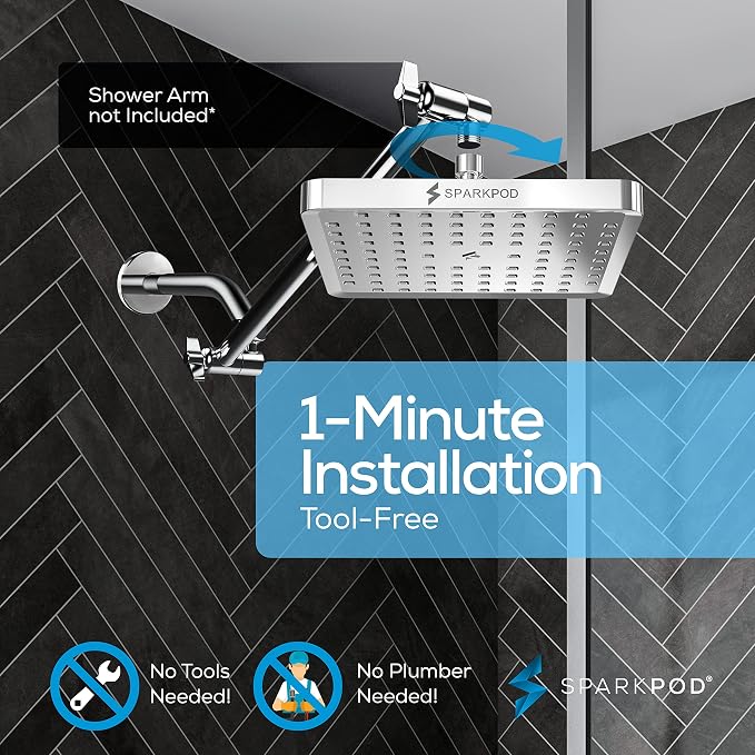 SparkPod Rain Shower Head, 8 Inch Square | High Pressure Shower Heads, 90 Nozzle (Touch-to-Clean), Adjustable Showerhead, No-tool Universal Connection