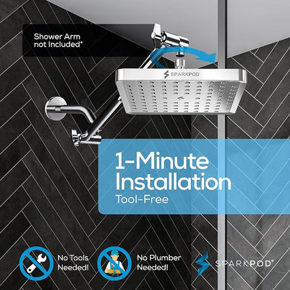 SparkPod Rain Shower Head, 8 Inch Square | High Pressure Shower Heads, 90 Nozzle (Touch-to-Clean), Adjustable Showerhead, No-tool Universal Connection