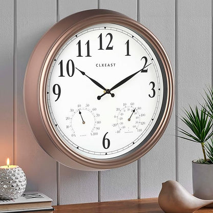 CLXEAST Indoor Outdoor Clocks Waterproof 16 Inch, Large Outdoor Clock Thermometer Combo& Hygrometer,Bronze/Dark Brown Finish,House Warming Gifts New Home