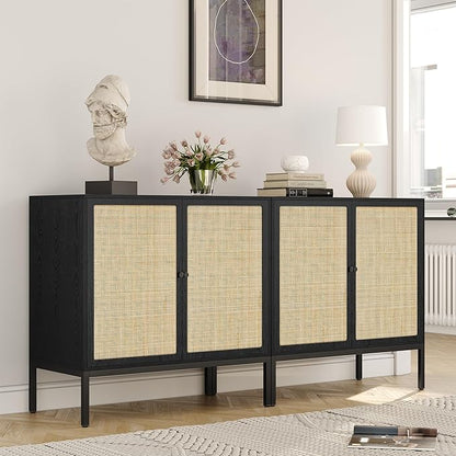 Yechen Set of 2 63" Sideboard Cabinet with Natural Rattan Doors, Buffet Console & Accent Cabinet, Rattan Credenza Storage with Metal Legs for Living Room, Kitchen, Dining Room/Black+Nautural