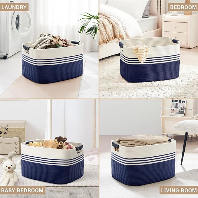 SunNewt 86L Extra Large Laundry Basket with Leather Handles for Living Room Storage, Woven Rope Baskets for Blanket, Kids Toy, Gifts, Wicker Hamper for Bedroom Dirty Clothes, 24"x16"x14" White Navy