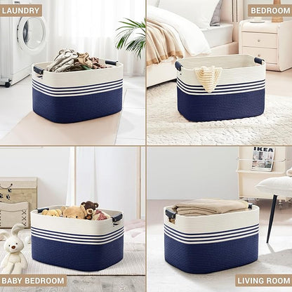 SunNewt 86L Extra Large Laundry Basket with Leather Handles for Living Room Storage, Woven Rope Baskets for Blanket, Kids Toy, Gifts, Wicker Hamper for Bedroom Dirty Clothes, 24"x16"x14" White Navy
