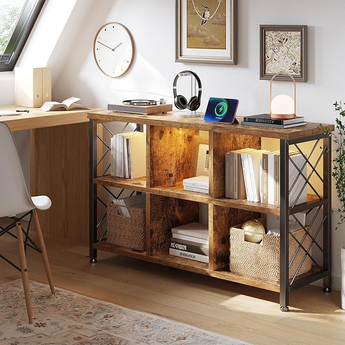 6 Cube Storage Organizer with LED Light and Charging Station, Wood and Metal Cube Shelf, Long Horizontal Book Shelf for Bedroom, Home Office,Rustic Brown