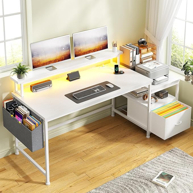 Computer Desk with Drawers,Office Desk with Printer Shelf & Monitor Stand,Gaming Desk with Power Outlets & LED Lights,Corner Table with Side Storage Bag, White