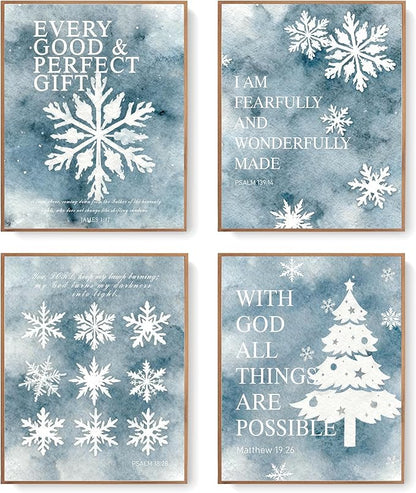 LARTSFRO Christmas Winter Gifts Wall Art Decor Posters, Christmas Snowflakes Christian Room Bathroom Bedroom Dorm Wall Art Decor Aesthetic for College Teen Girls Gifts, Inspirational Bible Verses Winter Wall Decor, 10x8 Inch Set of 4 Pcs Christmas Pict...