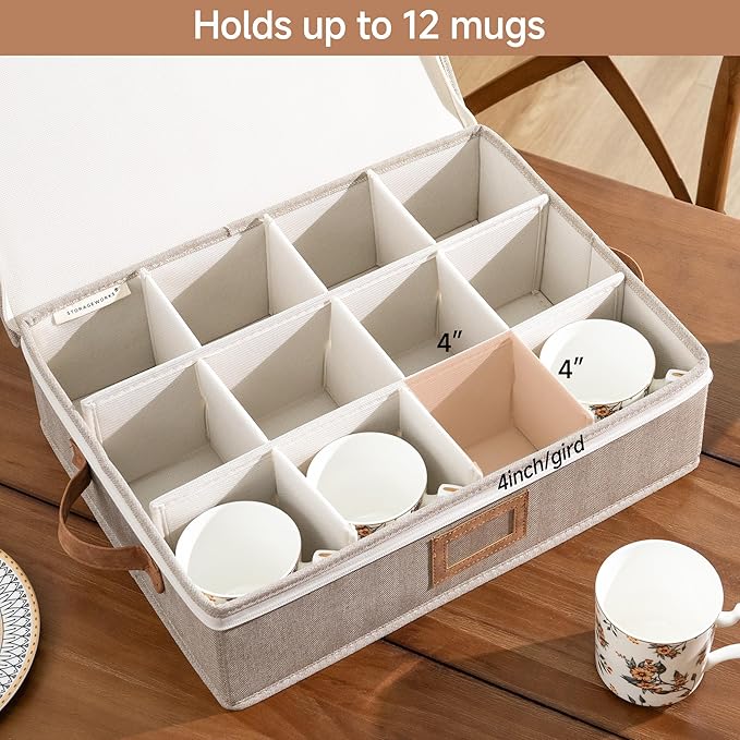 StorageWorks China Storage Container, Stackable Mug Storage Box with Dividers, Stemware Storage Cases, Hard Shell China Cup Organizer, Holds 12 Tea Cups and Coffee Mug, 1 Pack, Brown and Beige