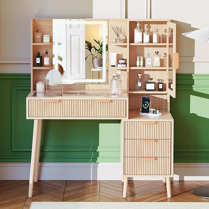 Fluted Makeup Vanity with Mirror and Lights,5 Drawers Glass Top Vanity Desk with Glass Door Cabinet,Power Outlet,6 Shelves,9-Grid Organizer,Lighting Adjustable Dressing Table,Natural Oak