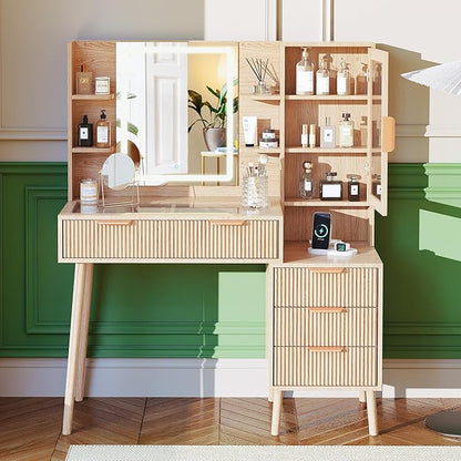 Fluted Makeup Vanity with Mirror and Lights,5 Drawers Glass Top Vanity Desk with Glass Door Cabinet,Power Outlet,6 Shelves,9-Grid Organizer,Lighting Adjustable Dressing Table,Natural Oak