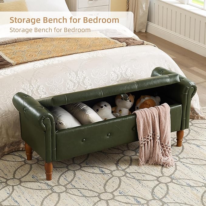 Storage Ottoman Bench, 50" Modern Upholstered End of Bed Bench, Faux Leather Rolled Armed Button-Tufted Ottoman with Storage for Living Room, Entryway, Window, Green
