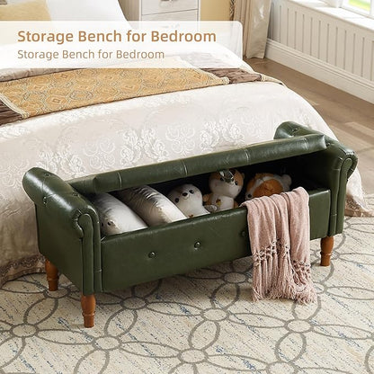 Storage Ottoman Bench, 50" Modern Upholstered End of Bed Bench, Faux Leather Rolled Armed Button-Tufted Ottoman with Storage for Living Room, Entryway, Window, Green