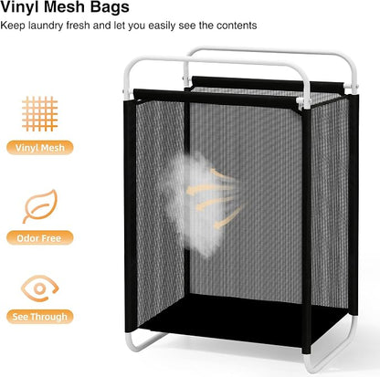 STO STO Laundry Hamper, 75L Laundry Basket with Vinyl Mesh Bag, Lightweight Portable Dirty Clothes Hamper, Laundry Bin with Metal Frame for Laundry Room, Bedroom, Closet and Dorm, Black Mesh