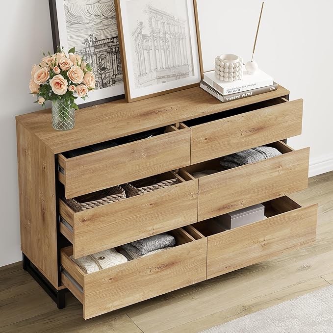 WAMPAT Dresser for Bedroom, Closet Organizers and Storage with 12 Drawers, Chest of Drawers with Metal Base, Modern Wooden Dresser for Living Room, Bedroom, Oak