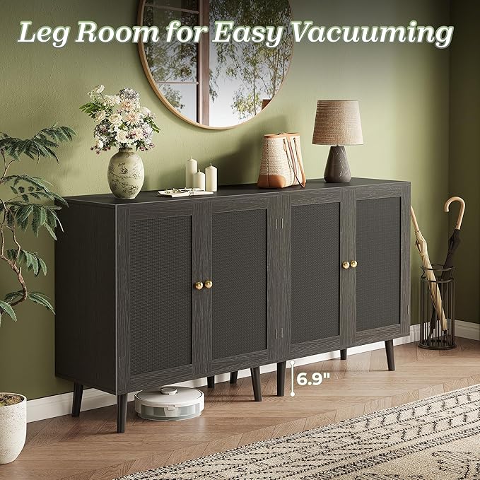 Huuger Buffet Cabinet with Storage, Storage Cabinet with PE Rattan Decor Doors, Accent Sideboard Buffet with Solid Wood Feet, for Hallway, Entry, Living Room, All Black