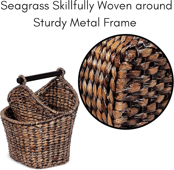 BIRDROCK HOME Seagrass Magazine and Bathroom Basket - Hand Woven Toilet Paper Holder with Pocket - Grey Wash - Stylish Decorative Design - Wooden Basket Décor - Dispenser