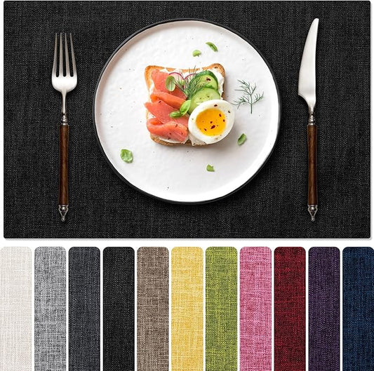 Blue Forest Placemats Set of 8, Dual-Layered Thickened Faux Linen Cloth Place Mats Heat Resistant Machine Washable Wrinkle Free Table Mats Indoor/Outdoor (Black)