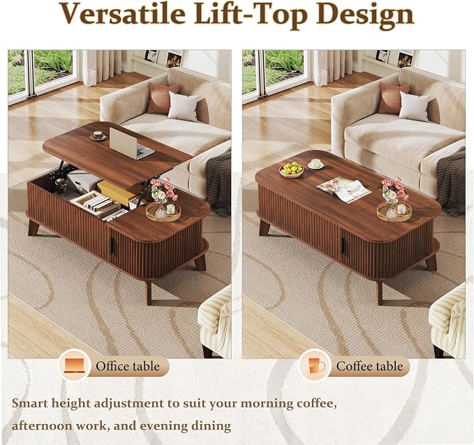 HUAHUU 37.4" Lift Top Coffee Table with Storage, Mid Century Modern Coffee Table with Sliding Fluted Doors for Living Room, Home Office, Walnut