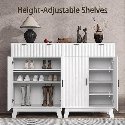 Fluted Shoe Cabinet, 4-Tier Mid Century Modern Narrow Shoe Storage Cabinet with Doors & 2 Drawers, Adjustable Shelves, Freestanding Hidden Shoe Rack Organizer & Wooden Legs for Entryway