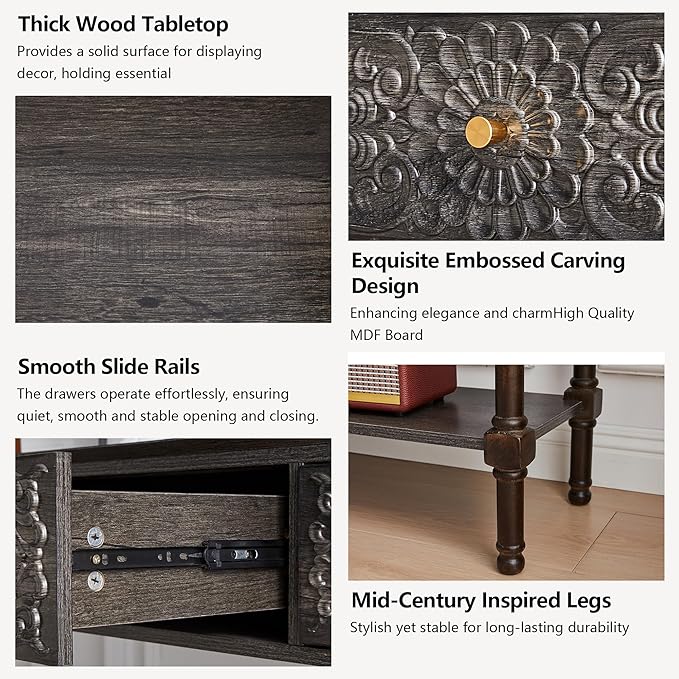 55.5" Carved Console Table with 3 Drawers, 2-Tier Sofa Table with Glossy Floral Surface and Solid Wood Legs, Mid-Century Modern Entryway Table for Living Room Hallway (Antique Black-Brown)