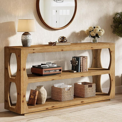 Solid Wood Console Table with 3-Tier Storage, 63" Long Farmhouse Narrow Entryway Sofa Table for Hallway, Living Room, Foyer, or Bedroom