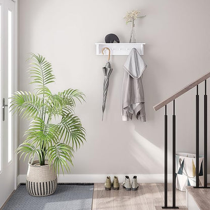 Ballucci Floating Coat and Hat Wall Shelf Rack, 5 Pegs Hook, 24", White
