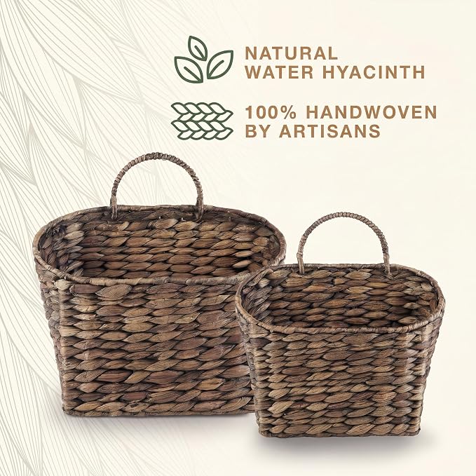 Set of 2 Black Wicker Hanging Baskets for Front Door, Mail, Flowers & Organizing