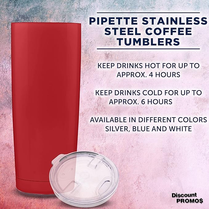 DISCOUNT PROMOS Pipette Stainless Steel Coffee Tumblers 20 oz. Set of 6, Bulk Pack - Double Wall, Perfect for Coffee, Hot Cocoa, Other Hot & Cold Beverages - Red