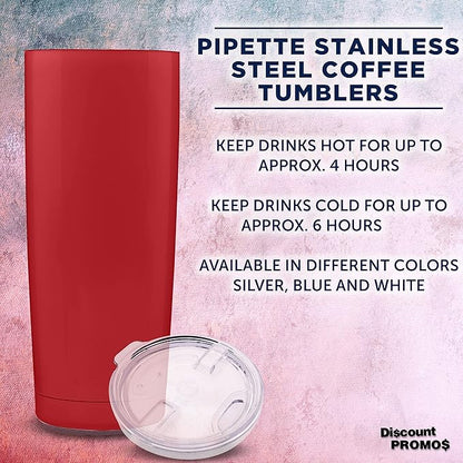 DISCOUNT PROMOS Pipette Stainless Steel Coffee Tumblers 20 oz. Set of 6, Bulk Pack - Double Wall, Perfect for Coffee, Hot Cocoa, Other Hot & Cold Beverages - Red