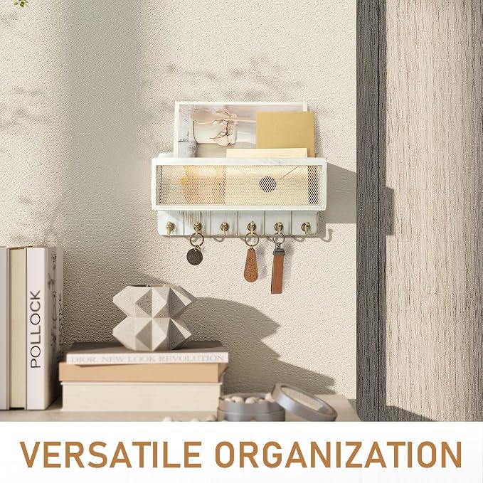 Rebee Vision Pine Wooden Key Holder Wall Mount with Mail Organizer Basket – Rustic Farmhouse Wall Decor for Living Room – Vintage Key Rack & Storage Organizer for Home Essentials (Whitewash)