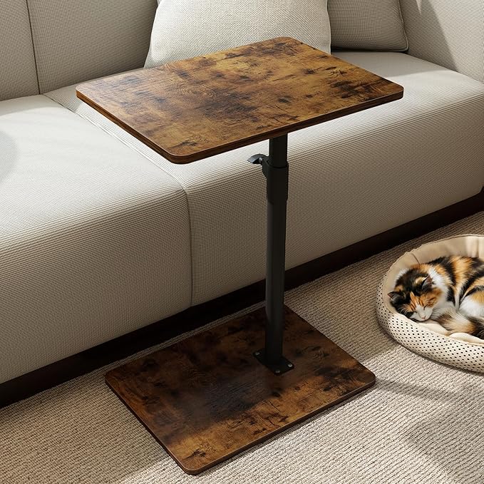 YUHFERA Sofa Armrest Tray Table for Couch - 360 Swivel Height Adjustable End Table for Small Spaces, Snack Side Table for Bed or Chair with Phone & Tablet Slot (Rustic, Enlarged)