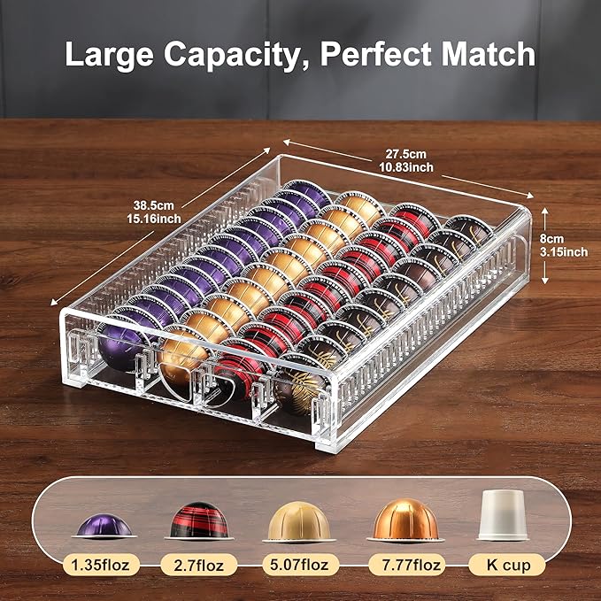 Coffee Pod Drawer Organizer for Nespresso Vertuo Pods,Acrylic Coffee Pod Holder Holds 40 Large or 60 Small Capsules or 28 K-Cups,Pull-Out Drawer with Anti-Slip Base for Home & Coffee Station,Crystal